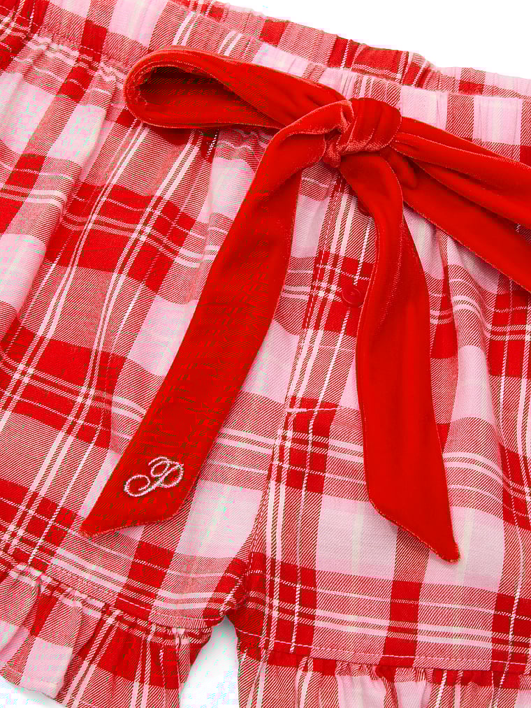 PINK Flannel Boxy Pajama Shorts, New Bright Vermillion/pink Lollipop Plaid, onModelBack, 2 of 4