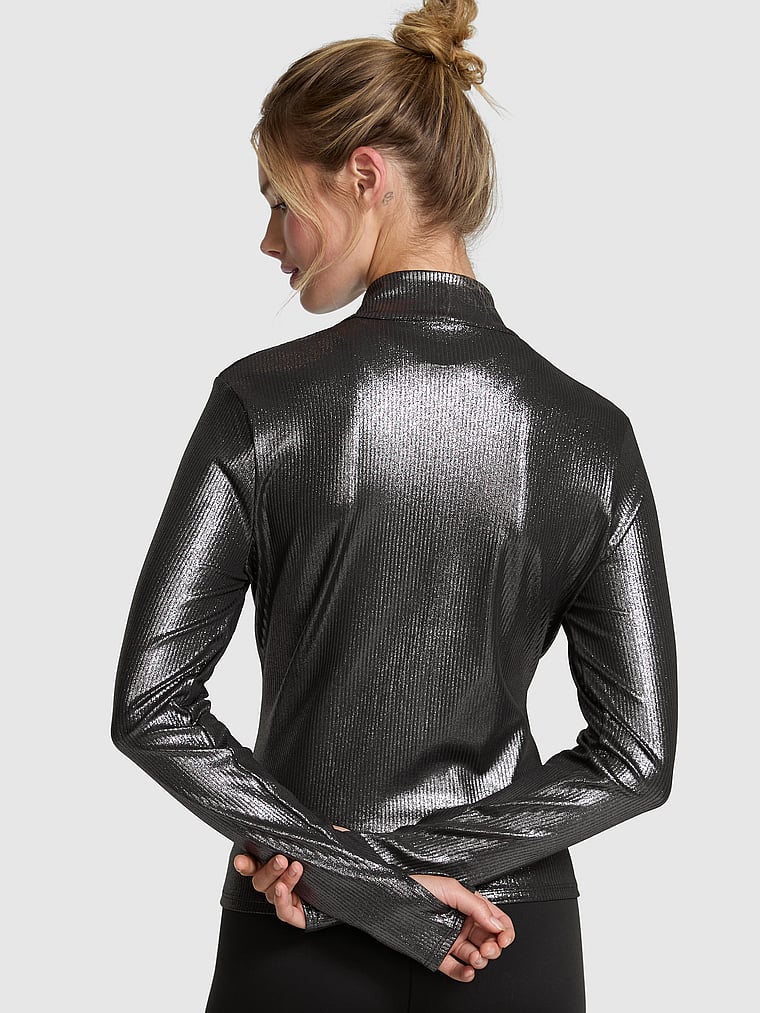 PINK Relay Ribbed Full-Zip Jacket, Pure Black Foil, onModelBack, 2 of 2 Mari is 5'7" or 170cm and wears Small