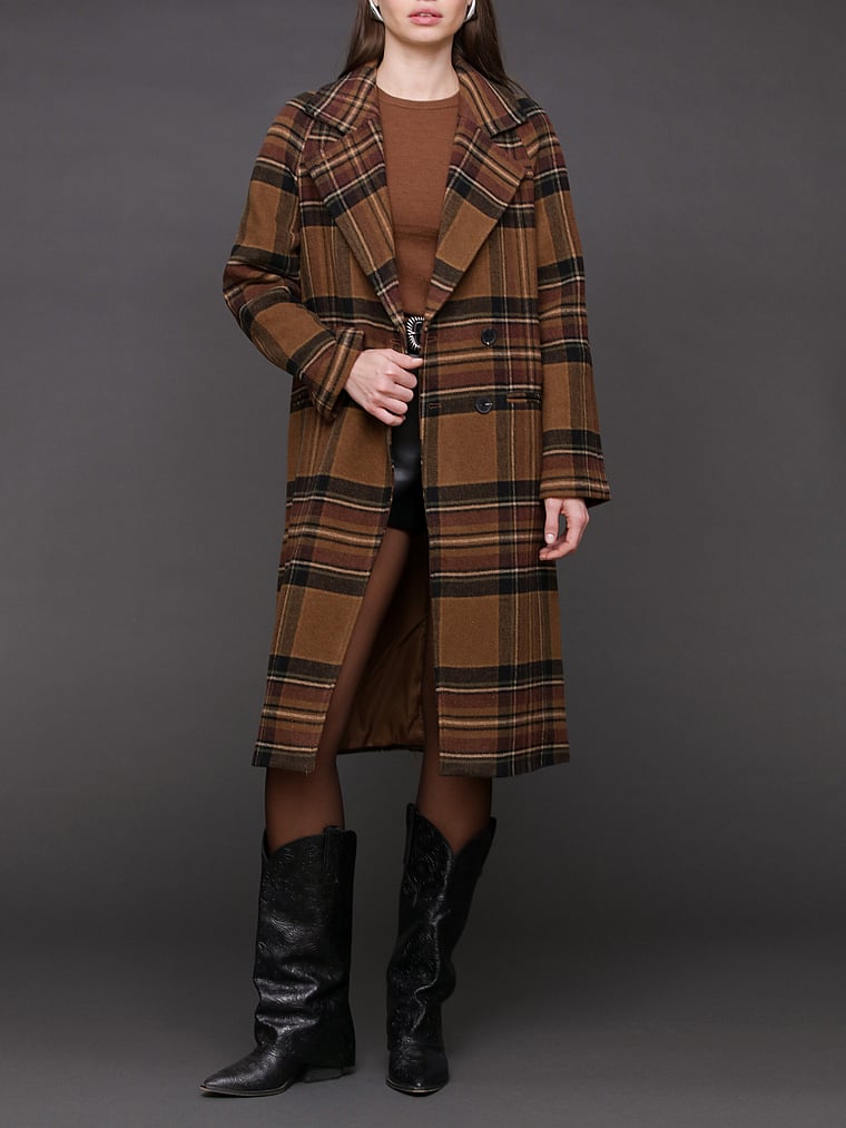 Victoria's Secret, Avec Les Filles Relaxed Fit Walker Coat, Black/Brown Plaid, onModelFront, 1 of 4