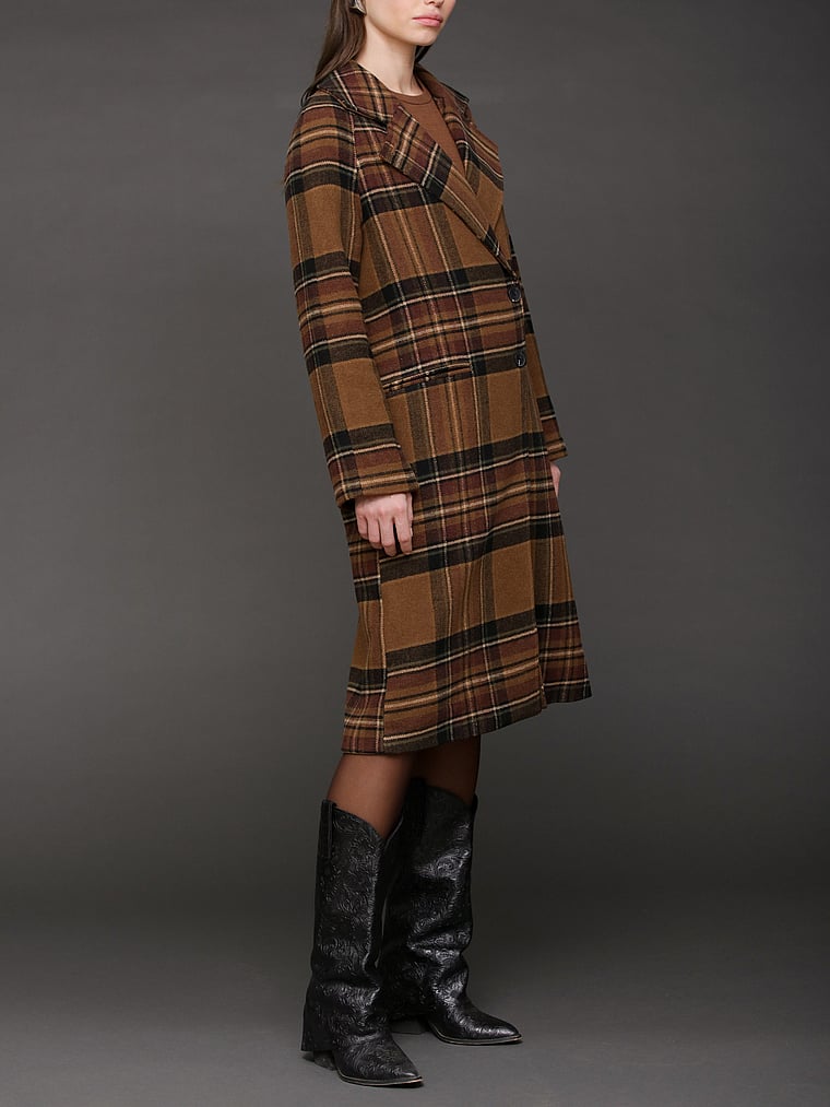 Victoria's Secret, Avec Les Filles Relaxed Fit Walker Coat, Black/Brown Plaid, onModelSide, 3 of 4