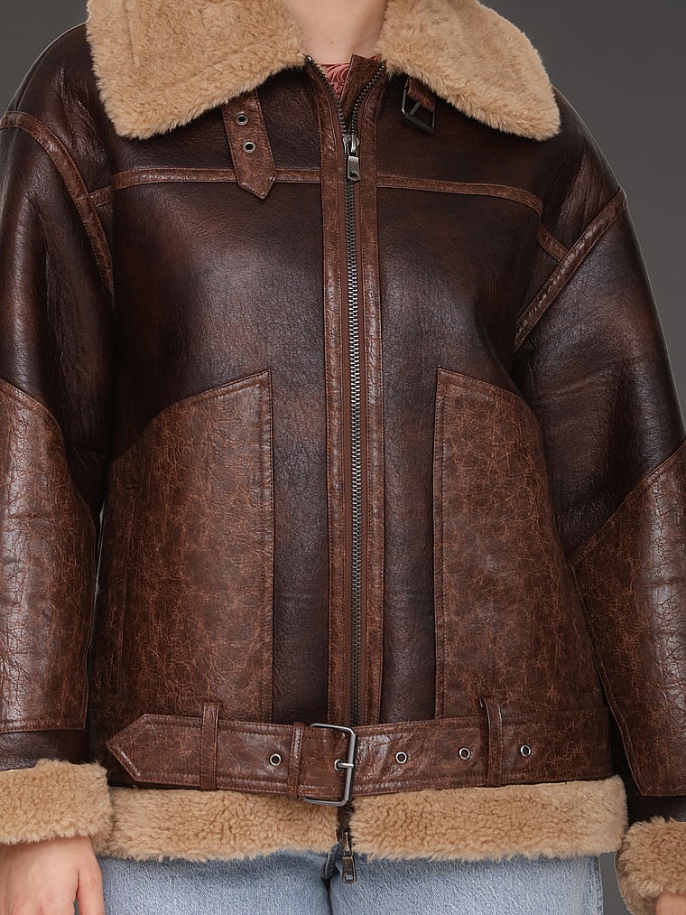 Victoria's Secret, Avec Les Filles Relaxed Moto Jacket, Brown-Teddy, detail, 4 of 4