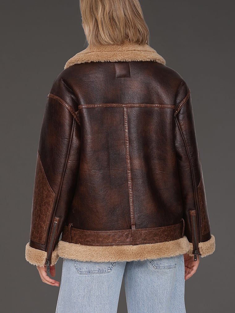 Victoria's Secret, Avec Les Filles Relaxed Moto Jacket, Brown-Teddy, onModelBack, 2 of 4