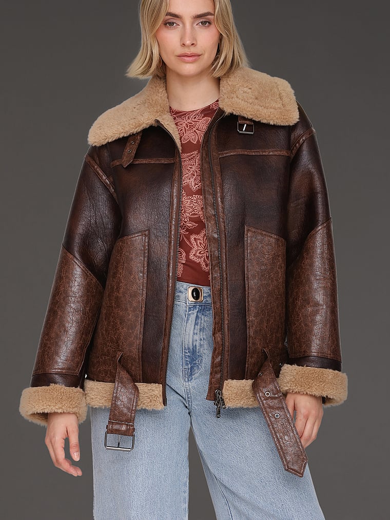 Victoria's Secret, Avec Les Filles Relaxed Moto Jacket, Brown-Teddy, onModelFront, 1 of 4