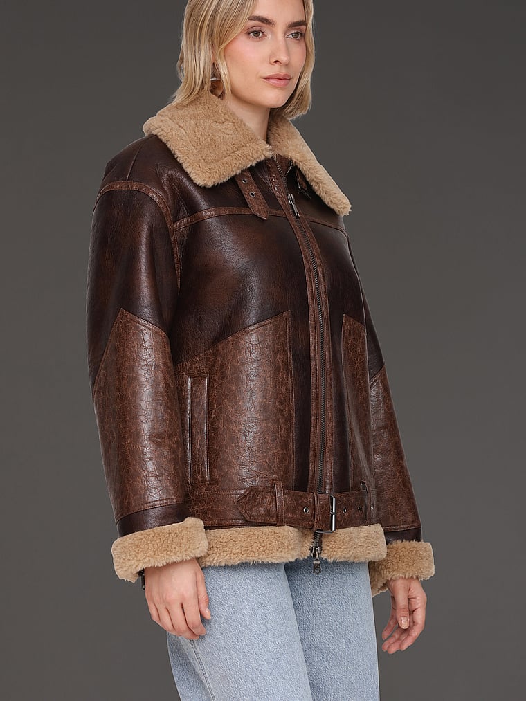 Victoria's Secret, Avec Les Filles Relaxed Moto Jacket, Brown-Teddy, onModelSide, 3 of 4