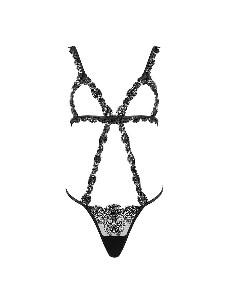 Victoria's Secret, BLUEBELLA Arella Open Soft Trim Bodysuit, Black, offModelFront, 3 of 4