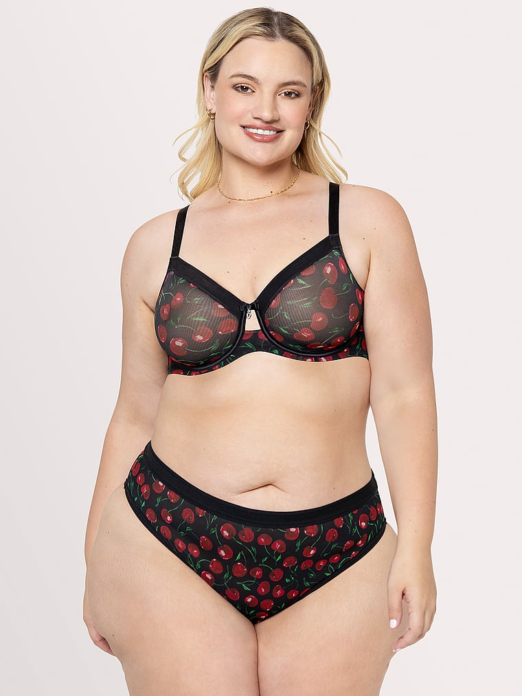 Victoria's Secret, Curvy Couture Sheer Mesh High Leg Brief Panty, Cherry Pop, onModelFront, 1 of 3