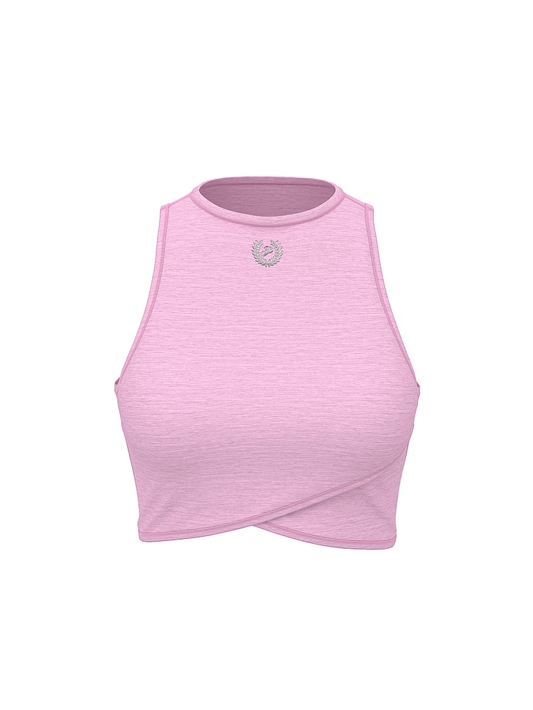 PINK Relay High-Neck Crossover Sports Bra, Hushed Lilac Marl, offModelFront, 3 of 3