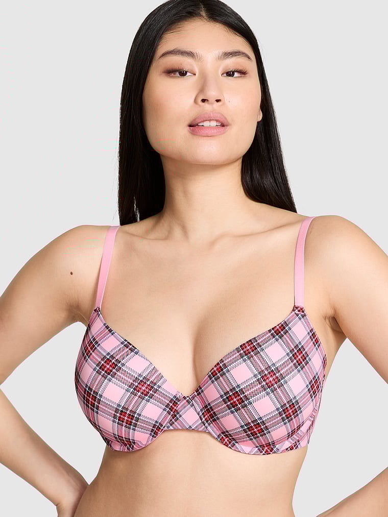 PINK Wear Everywhere Wear Everywhere Lightly Lined Full Coverage T-Shirt Bra, Pink Lollipop Plaid Print, onModelFront, 1 of 2 Gloria is 5'9" or 175cm and wears 34D or Small