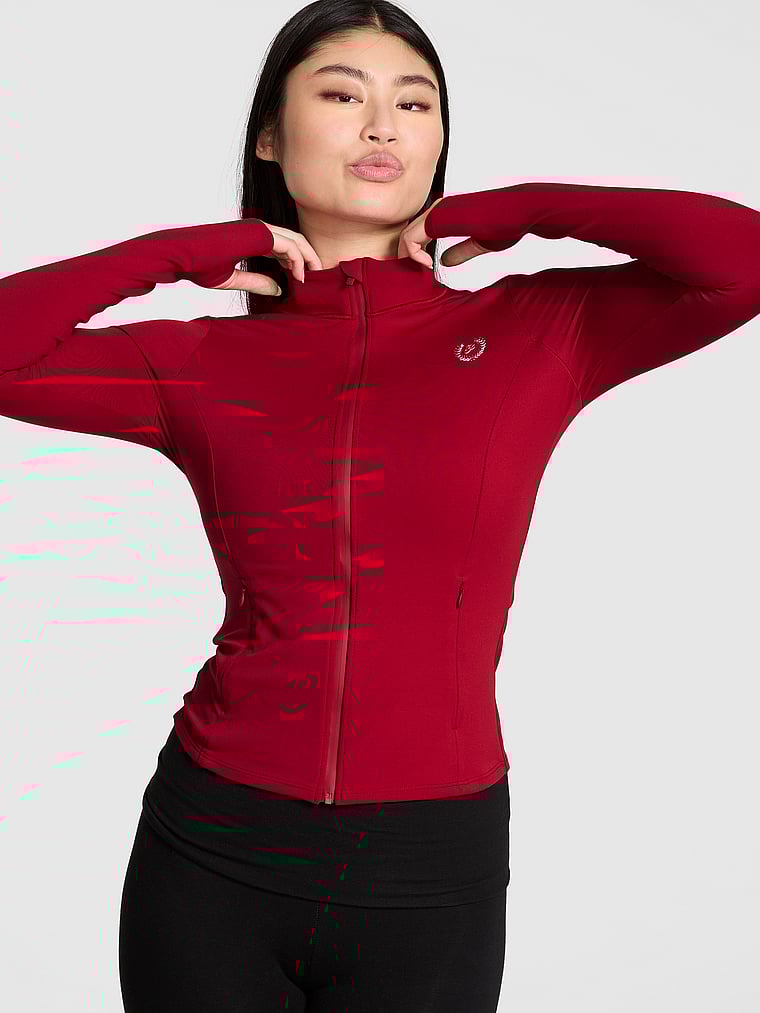 PINK Relay Ribbed Full-Zip Jacket, Red Lacquer, onModelFront, 1 of 2 Gloria is 5'9" or 175cm and wears Small