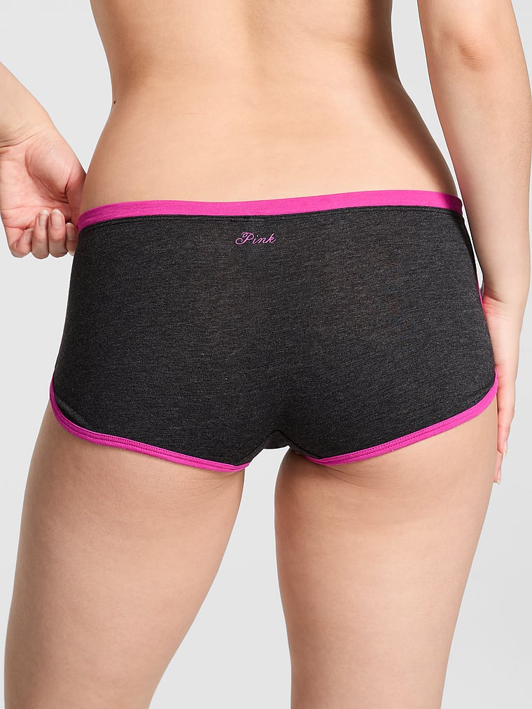 PINK Cotton Dorm Boyshort Panty, Heather Charcoal / Pink Fire Graphic, onModelBack, 2 of 3 Gloria is 5'9" and wears Small