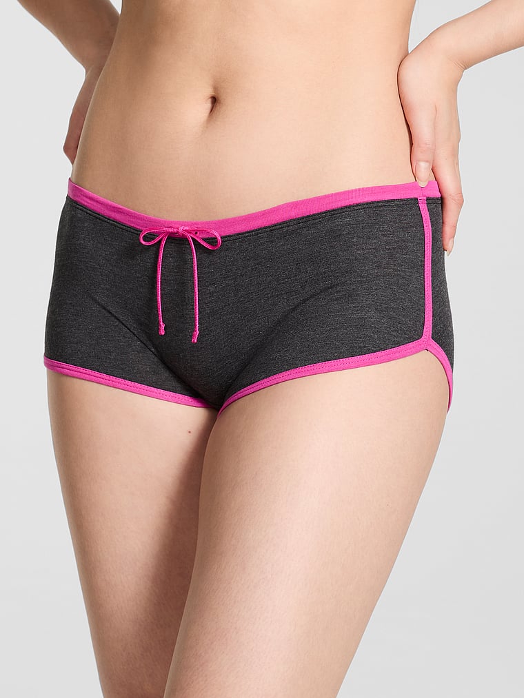 PINK Cotton Dorm Boyshort Panty, Heather Charcoal / Pink Fire Graphic, onModelFront, 1 of 3 Gloria is 5'9" and wears Small
