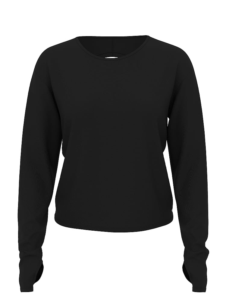 Victoria's Secret, VSX VSX Drapey Knit Long-Sleeve Open-Back Tee, Black, offModelFront, 3 of 3