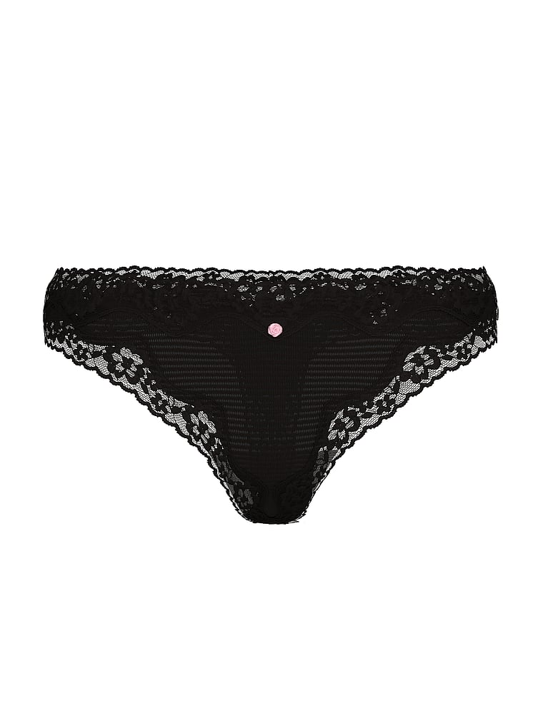 Victoria's Secret, Lace Trim Cotton Shadow Stripe Lace-Waist Thong Panty, Black, offModelFront, 3 of 3