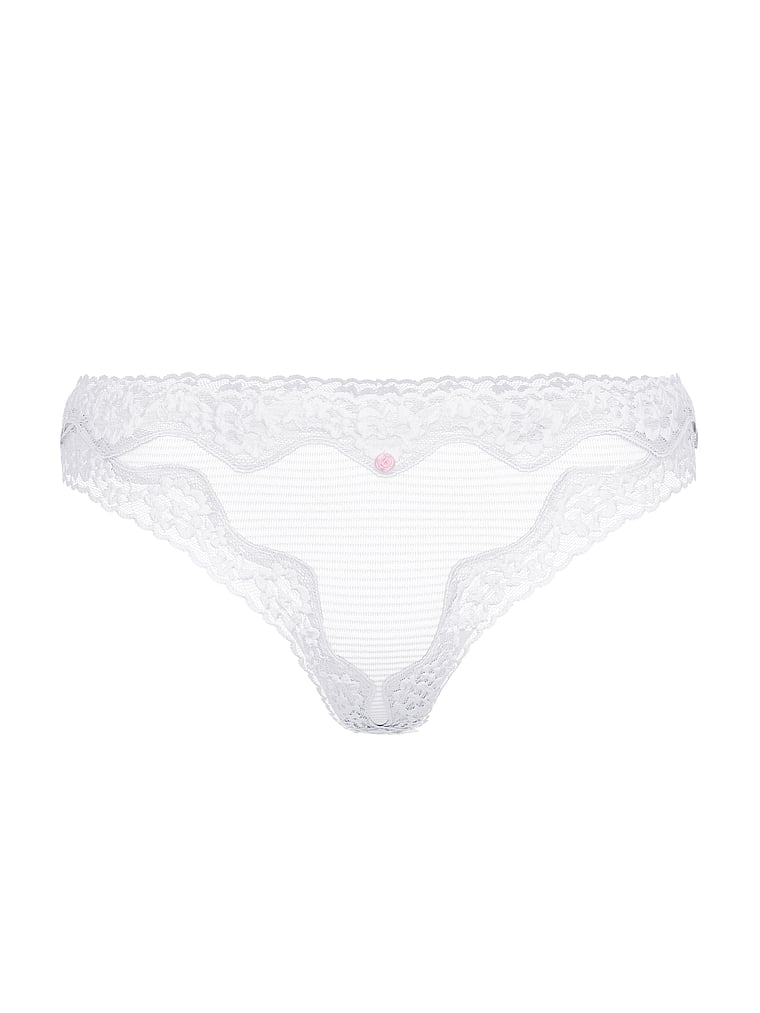 Victoria's Secret, Lace Trim Cotton Shadow Stripe Lace-Waist Thong Panty, Vs White, offModelFront, 4 of 4