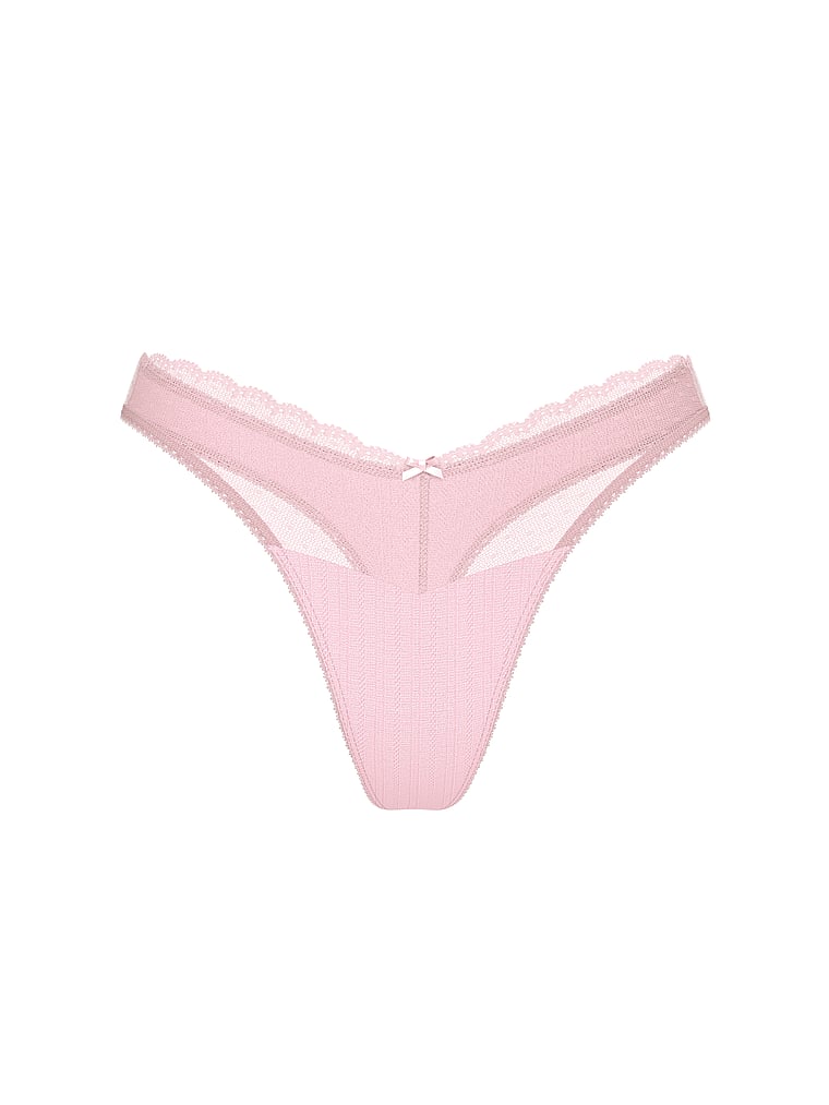 Victoria's Secret, Victoria's Secret Stretch Pointelle High-Leg Scoop Thong Panty, Pretty Blossom, offModelFront, 3 of 4