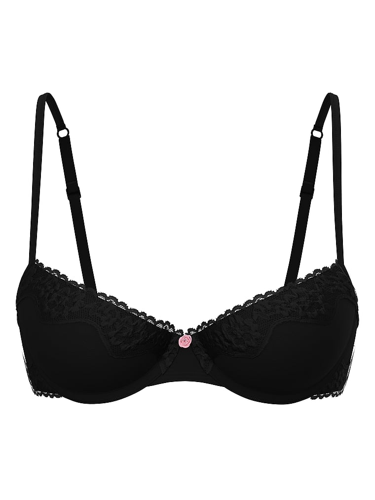 Victoria's Secret, The T-shirt Cotton Shadow Stripe Unlined Demi Bra, Black, offModelFront, 4 of 4