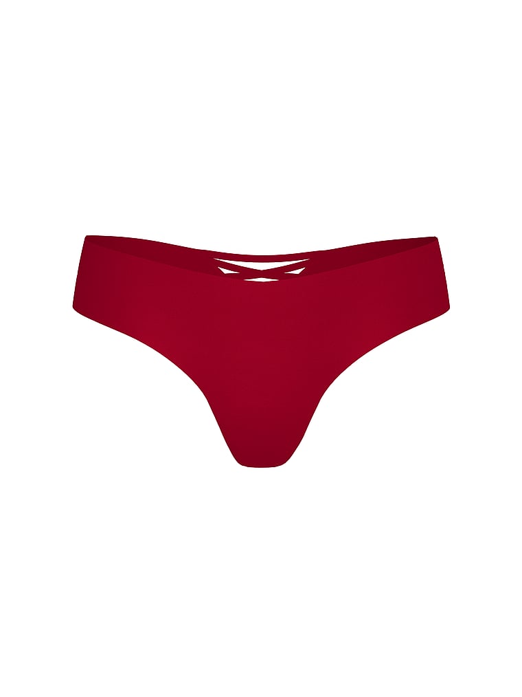 Victoria's Secret, No-Show No Show Strappy Thong Panty, Red Lacquer, offModelFront, 3 of 3