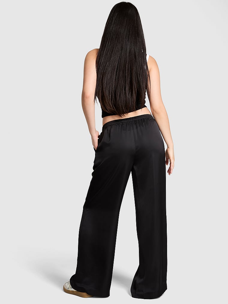 PINK Satin Pull-On Trouser Pants, Pure Black, onModelBack, 2 of 3 Gloria is 5'9" or 175cm and wears Small