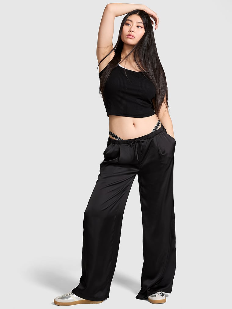 PINK Satin Pull-On Trouser Pants, Pure Black, onModelFront, 1 of 3 Gloria is 5'9" or 175cm and wears Small