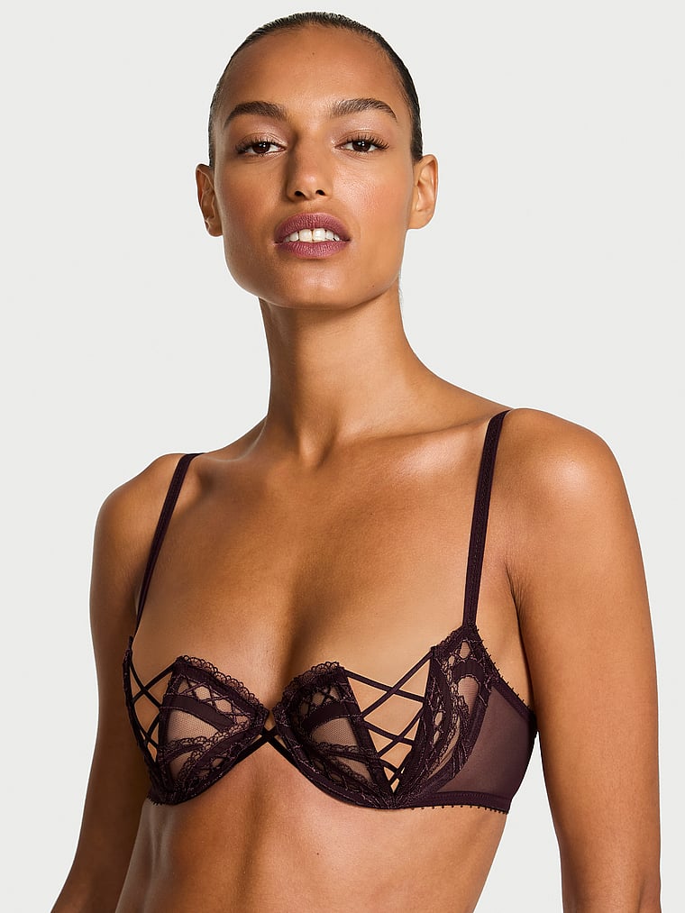 Victoria's Secret, Very Sexy Laces Out Embroidery Unlined Semi Open-Cup Balconette Bra, Winter Wine, onModelFront, 1 of 5 Ari is 5'9" and wears 34B or Small