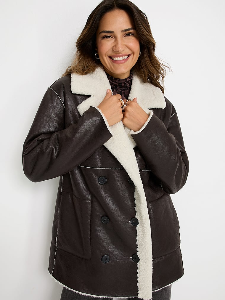 Victoria's Secret, Lascana Reversible Double Breasted Coat, Mocha, onModelFront, 1 of 3