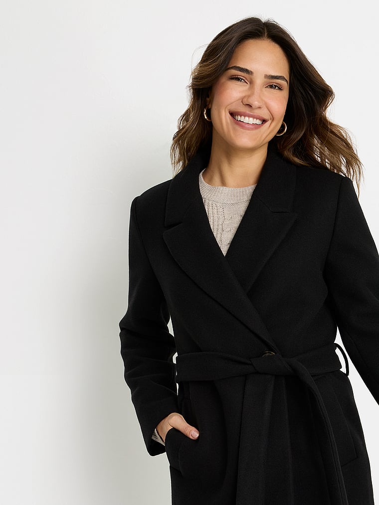 Victoria's Secret, Lascana Lapel Collar Coat, Black, onModelFront, 1 of 3