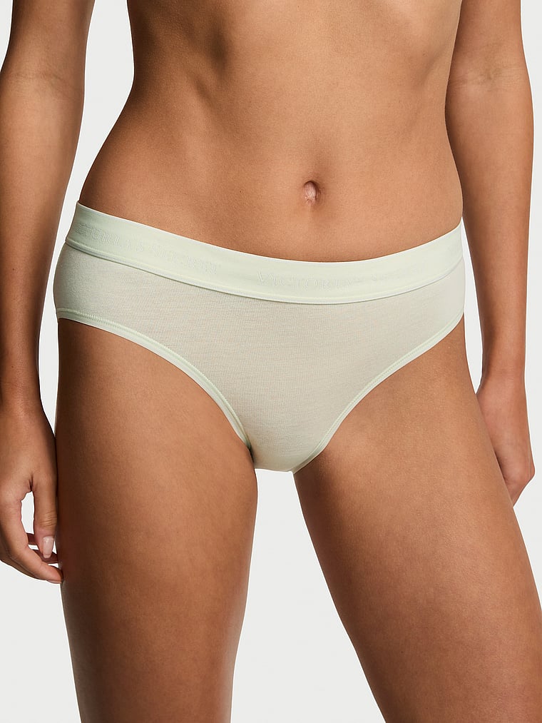 Victoria's Secret, Cotton Sheer Heritage Logo Hiphugger Panty, Mint Crush, onModelFront, 1 of 3 Maia is 5'9" or 175cm and wears Small