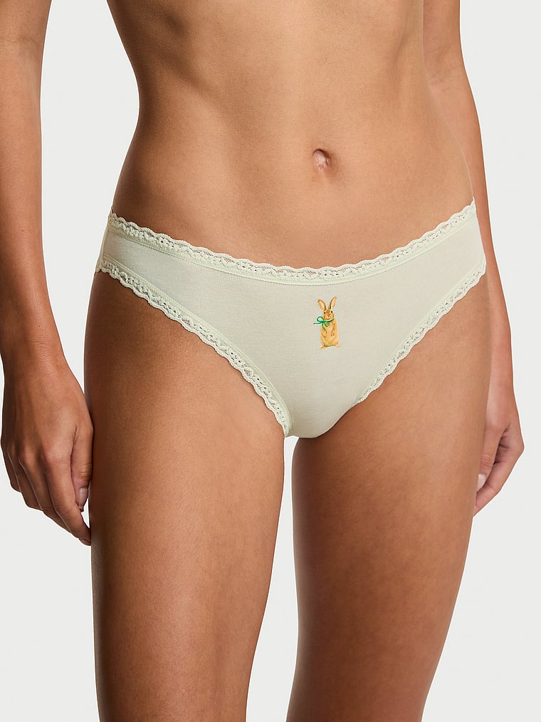 Victoria's Secret, Lace Trim Cotton Lace-Trim Sparkle Bikini Panty, Mint Crush Bunny, onModelFront, 1 of 2 Maia is 5'9" or 175cm and wears Small