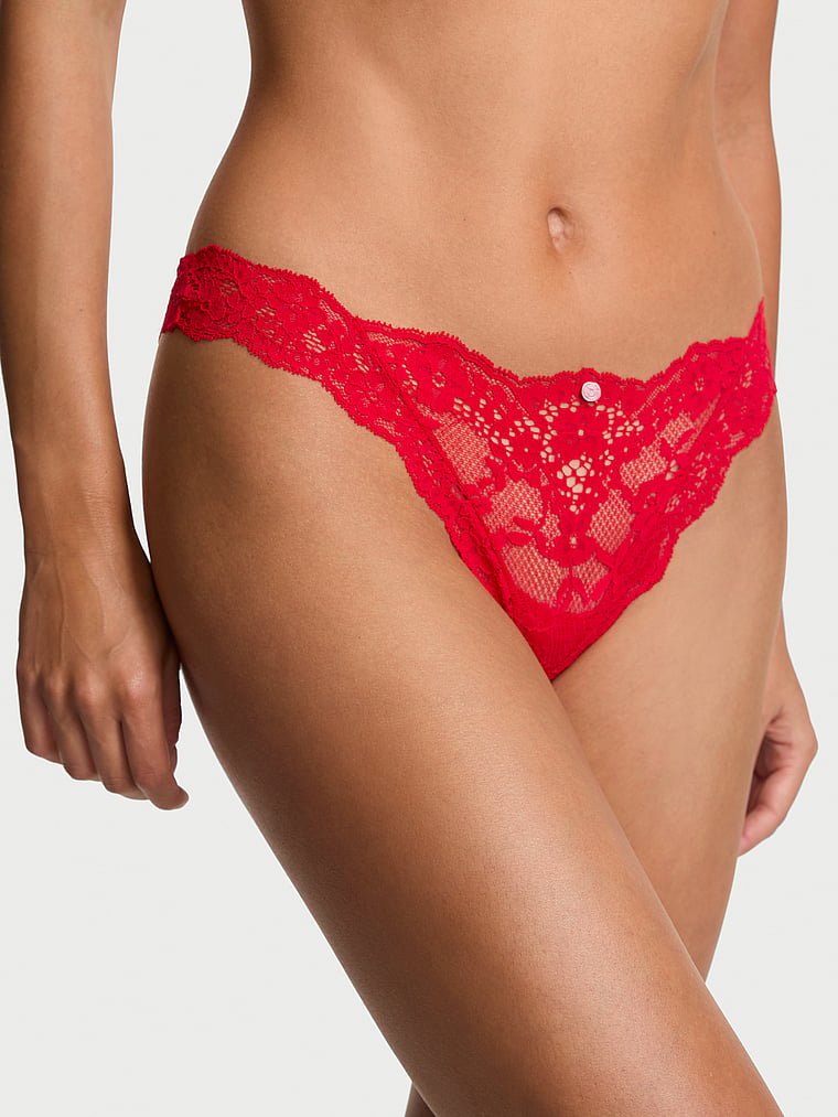 Victoria's Secret, Dream Angels Heart Chiffon String Thong Panty, Bright Vermillion, onModelBack, 1 of 3 Maia is 5'9" and wears Small