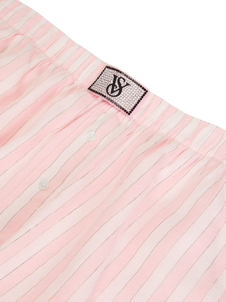 Victoria's Secret, Victoria's Secret Flannel Long-Sleeve Short Tee-Jama Set, Core Lurex Stripe Coconut White/Pretty Blossom Yd, onModelBack, 3 of 5