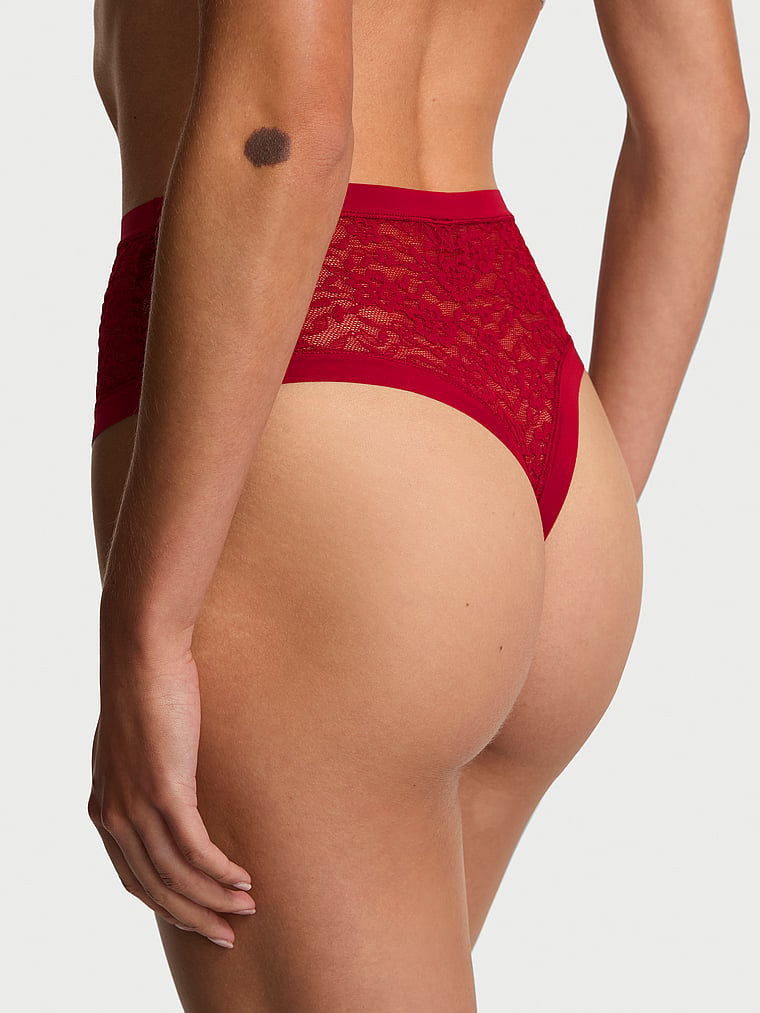 Victoria's Secret, No-Show No-Show Leopard Lace High-Waist Thong Panty, Red Lacquer, onModelBack, 2 of 3 Maia is 5'9" and wears Small