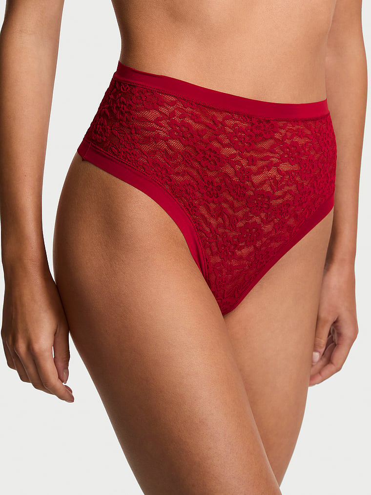 Victoria's Secret, No-Show No-Show Leopard Lace High-Waist Thong Panty, Red Lacquer, onModelFront, 1 of 3 Maia is 5'9" and wears Small