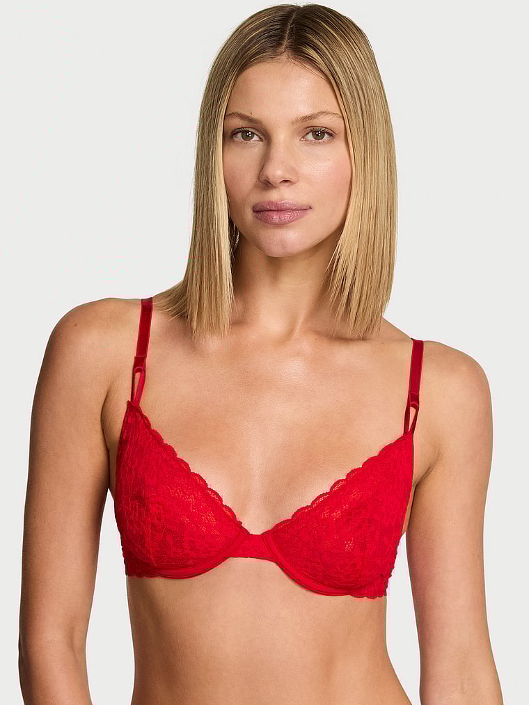 Victoria's Secret, Victoria's Secret Sexy Tee Lacie Lace-Up Unlined Demi Bra, Lipstick, onModelFront, 1 of 3 Aga is 5'10" or 178cm and wears 32B or Small