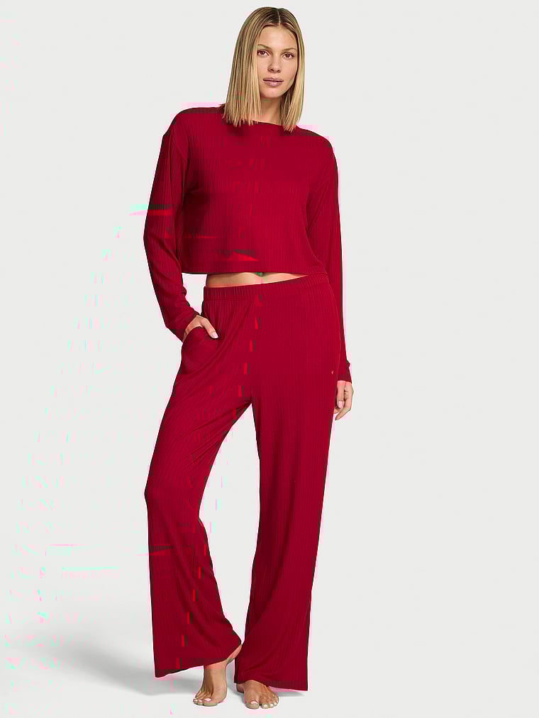 Victoria's Secret, Victoria's Secret Modal Wide-Rib Long Lounge Set, Red Lacquer, onModelFront, 1 of 2 Aga is 5'10" or 178cm and wears S/Regular