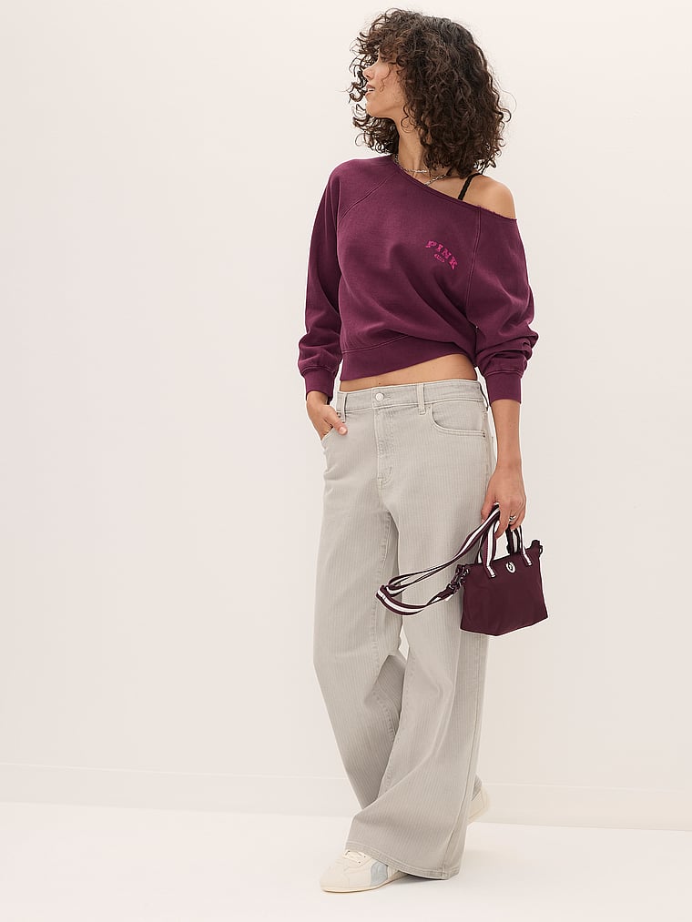 PINK Denim by PINK Mid-Rise Baggy Wide-Leg Jeans, Silver lining grey pinstripe, onModelSide, 4 of 4 Rae is 5'10" or 178cm and wears Small