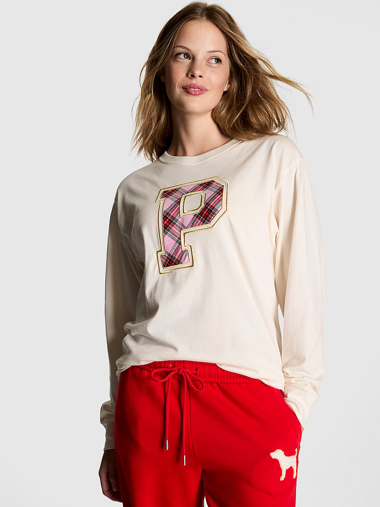 PINK Campus Cotton™ Long-Sleeve Tee, Winter White Santas Fav, onModelFront, 1 of 3 Taylor is 5'8" or 173cm and wears Small