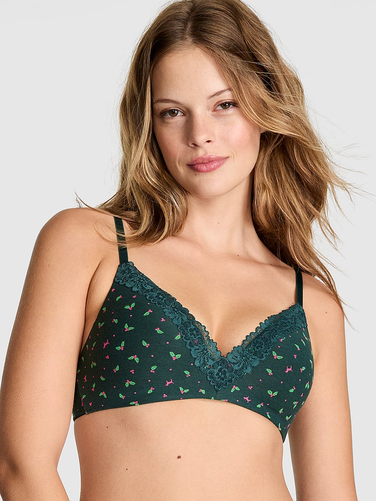PINK Wear Everywhere Wear Everywhere Lightly Lined Wireless Bra, Deep Forest Holly Print, onModelFront, 1 of 3 Taylor is 5'8" or 173cm and wears 32B or Small