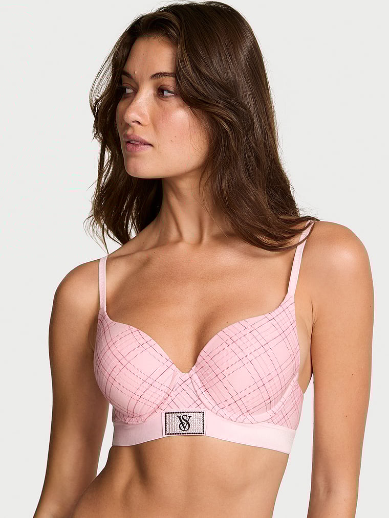 Victoria's Secret, The T-shirt Perfect Shape Ultra-Fine Modal Push-Up Bra, Pink Plaid, onModelFront, 1 of 4 Kennidy is 5'11" or 180cm and wears 34B or Small