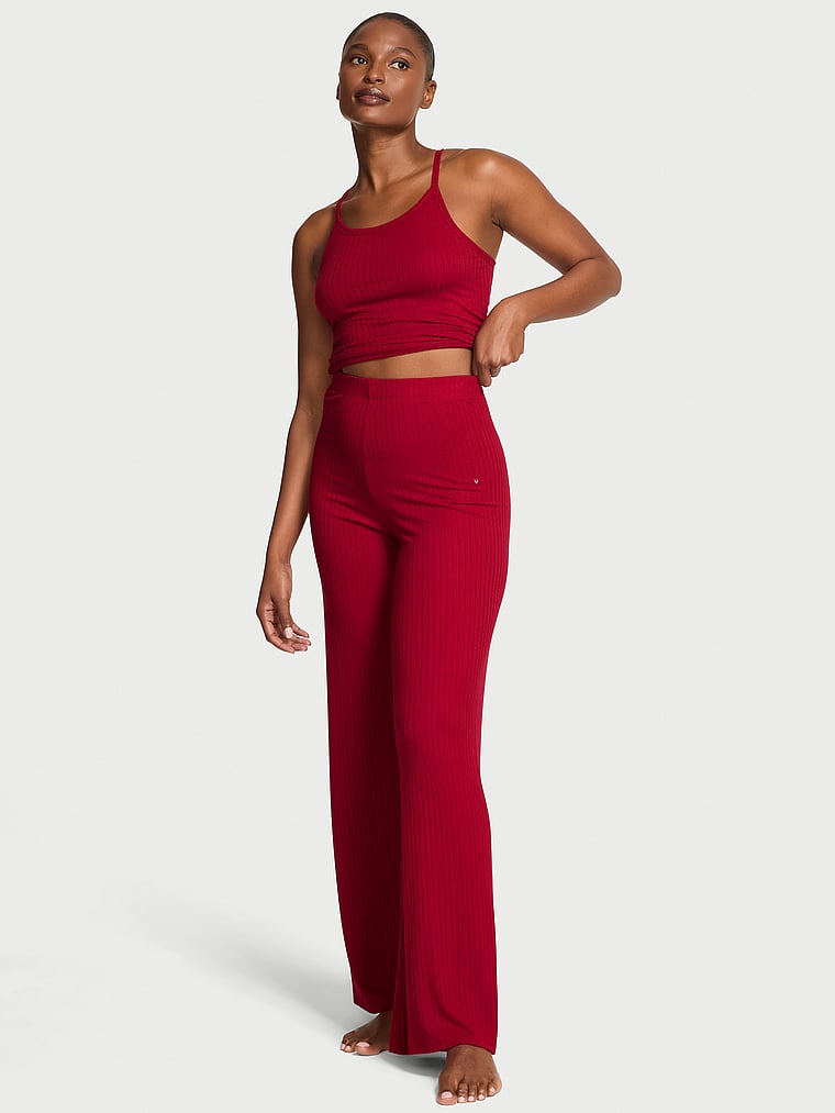 Victoria's Secret, Victoria's Secret Modal Wide-Rib Lounge Tank & Pants Set, Red Lacquer, onModelFront, 1 of 3 Tsheca  is 5'9" or 175cm and wears S/Long