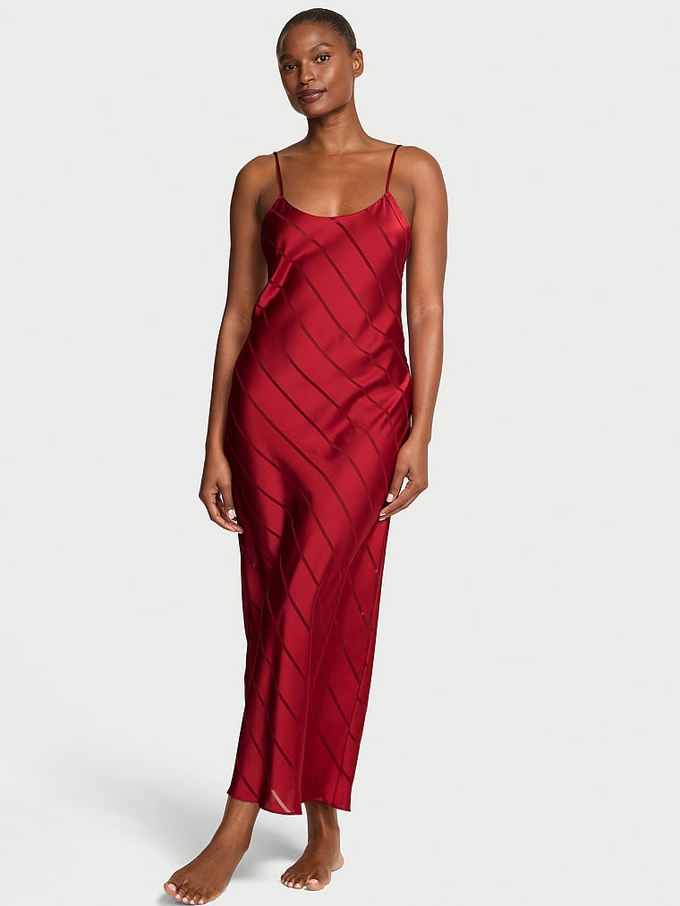 Victoria's Secret, Victoria's Secret Satin Sheer Stripe Long Slip Dress, onModelFront, 1 of 3