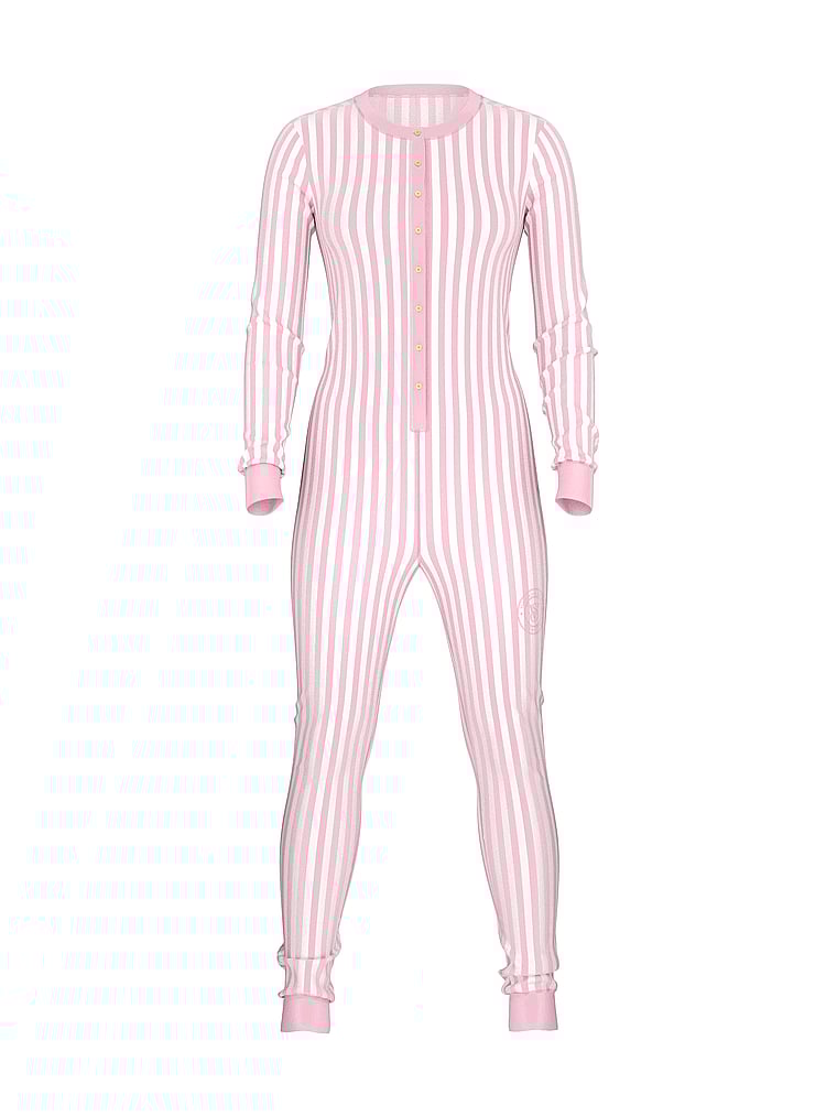 Victoria's Secret, Victoria's Secret Thermal Henley Long Onesie, Pretty Blossom Stripe, offModelFront, 3 of 3