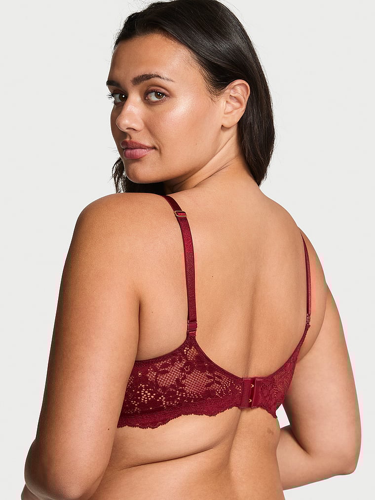 Victoria's Secret, Dream Angels Wicked Twinkle Lace Unlined Balconette Bra, Sangria Red, onModelBack, 2 of 4 Karmi is 5'10" or 178cm and wears 34DD (E) or Large