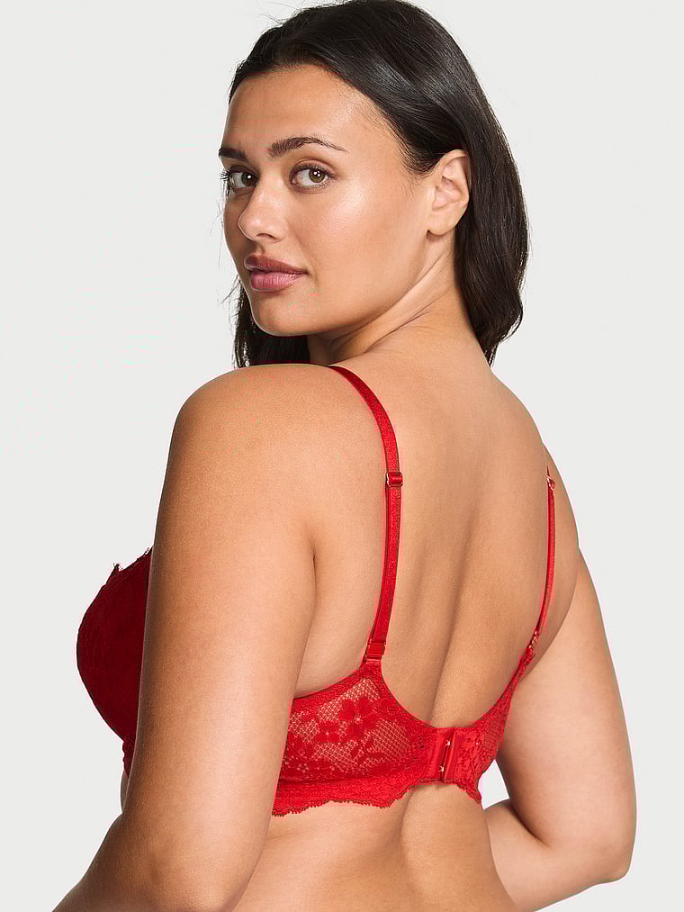 Victoria's Secret, Dream Angels Wicked Unlined Lace Balconette Bra, Bright Vermillion, onModelSide, 3 of 5