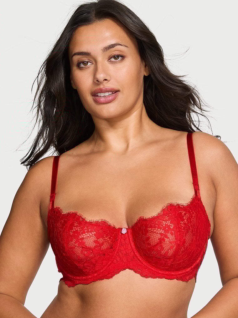 Victoria's Secret, Dream Angels Wicked Unlined Lace Balconette Bra, Bright Vermillion, featured, 1 of 5