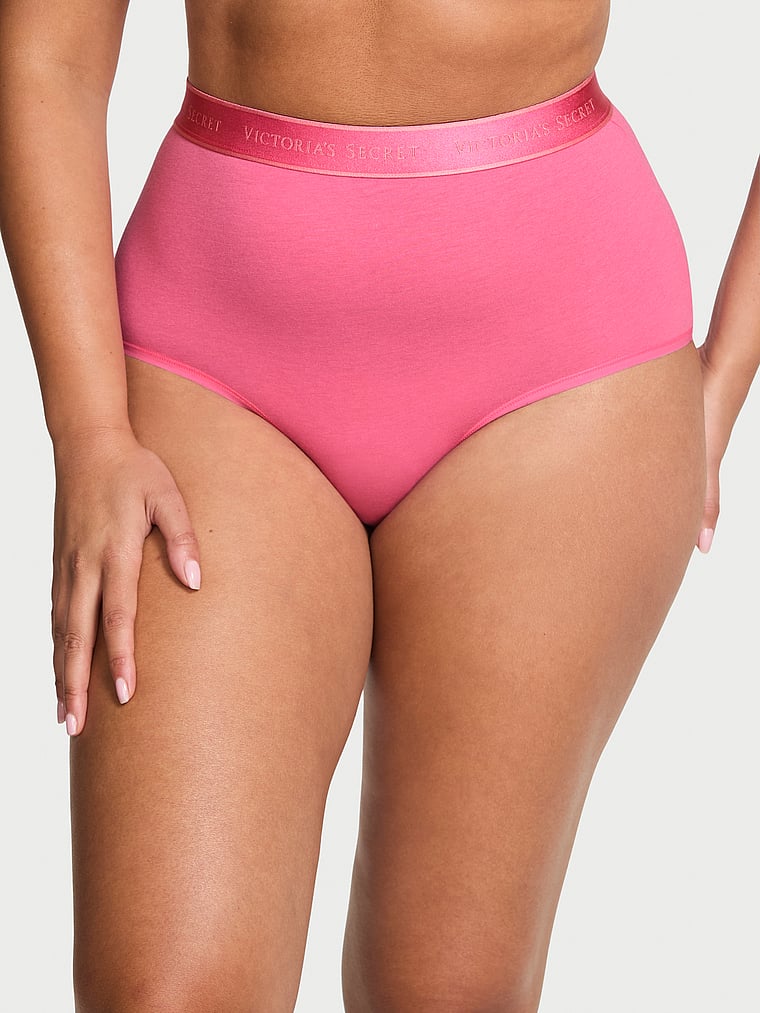 Victoria's Secret, Cotton Ultra-Fine Modal Logo Modern Brief Panty, Rose Garden Pink, onModelFront, 1 of 3 Karmi is 5'10" and wears Large