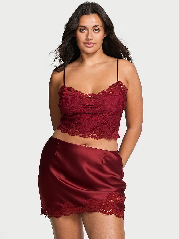 Victoria's Secret, Dream Angels Satin Lace Cami & Mini Skirt Set, Sangria Red, onModelFront, 1 of 3 Karmi is 5'10" and wears Large