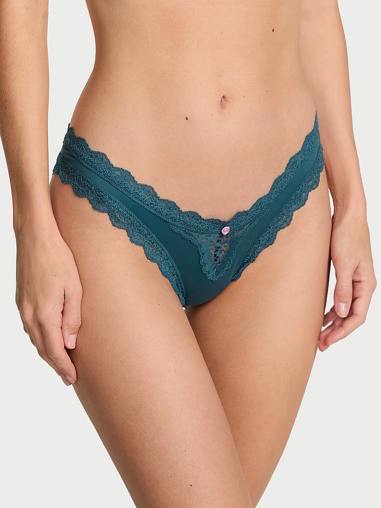 Victoria's Secret, Dream Angels Lace Rhinestone Heart Hardware Brazilian Panty, Teal Haze, onModelFront, 3 of 4 Maggie is 5'7" and wears Small
