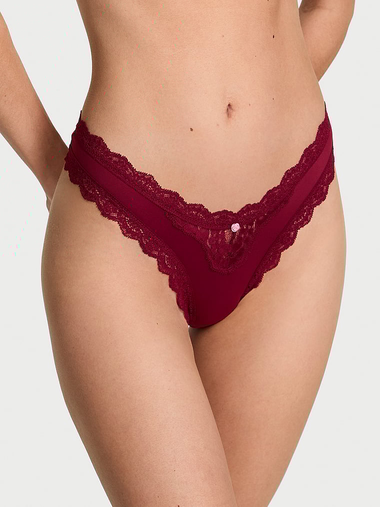 Victoria's Secret, Dream Angels Lace-Trim Brazilian Panty, Sangria Red, onModelFront, 1 of 4 Maggie is 5'7" or 170cm and wears Small