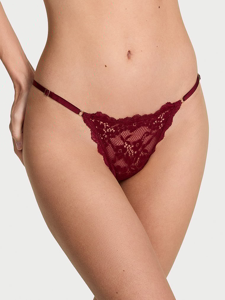Victoria's Secret, Dream Angels Sweet Melody Motif Satin V-String, Sangria Red, onModelFront, 1 of 3 Maggie is 5'7" and wears Small