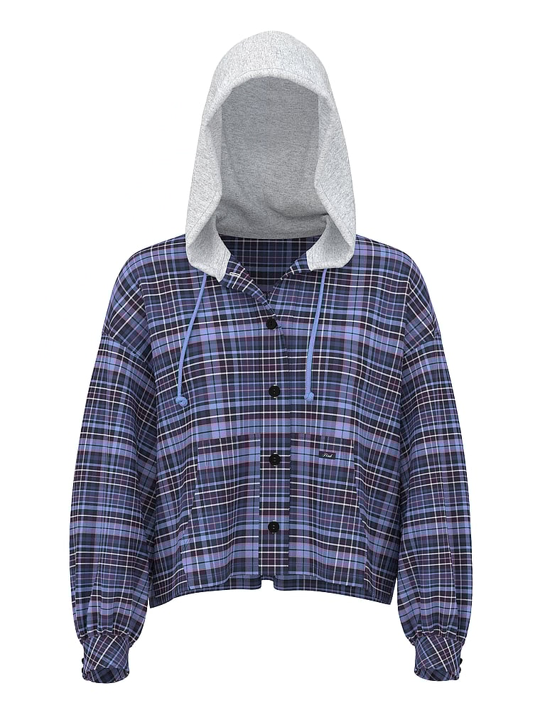 PINK Flannel Hooded Long- Sleeve Top, Nior navy plaid, offModelFront, 3 of 3